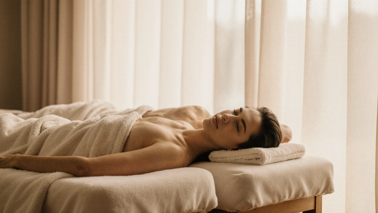 A couple relaxing side-by-side on massage tables, draped in towels, in a calm, softly lit room.
