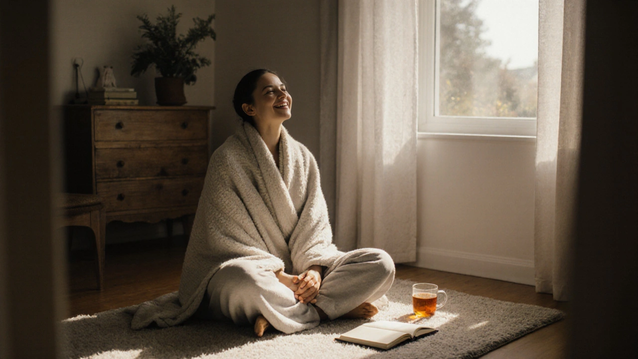 A person wrapped in a blanket, smiling peacefully after a massage, morning light streaming in.