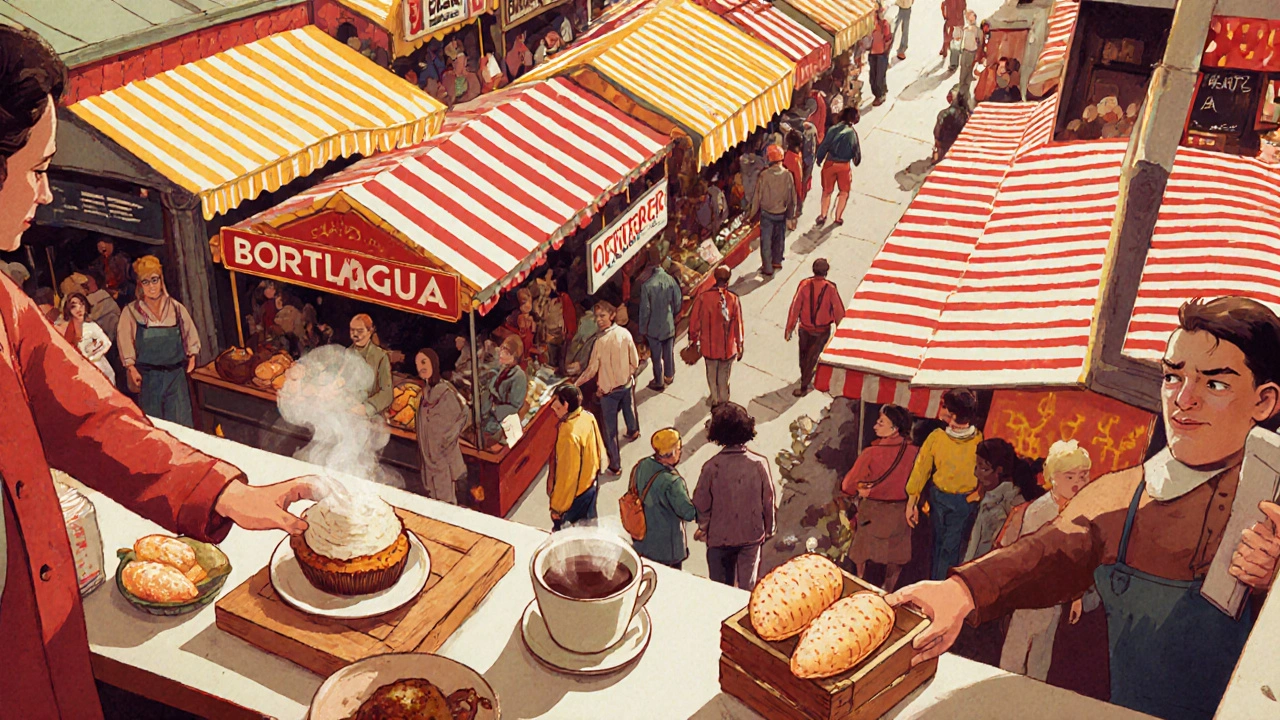 Bustling Borough Market stalls with locals buying pastries and coffee under colorful awnings.