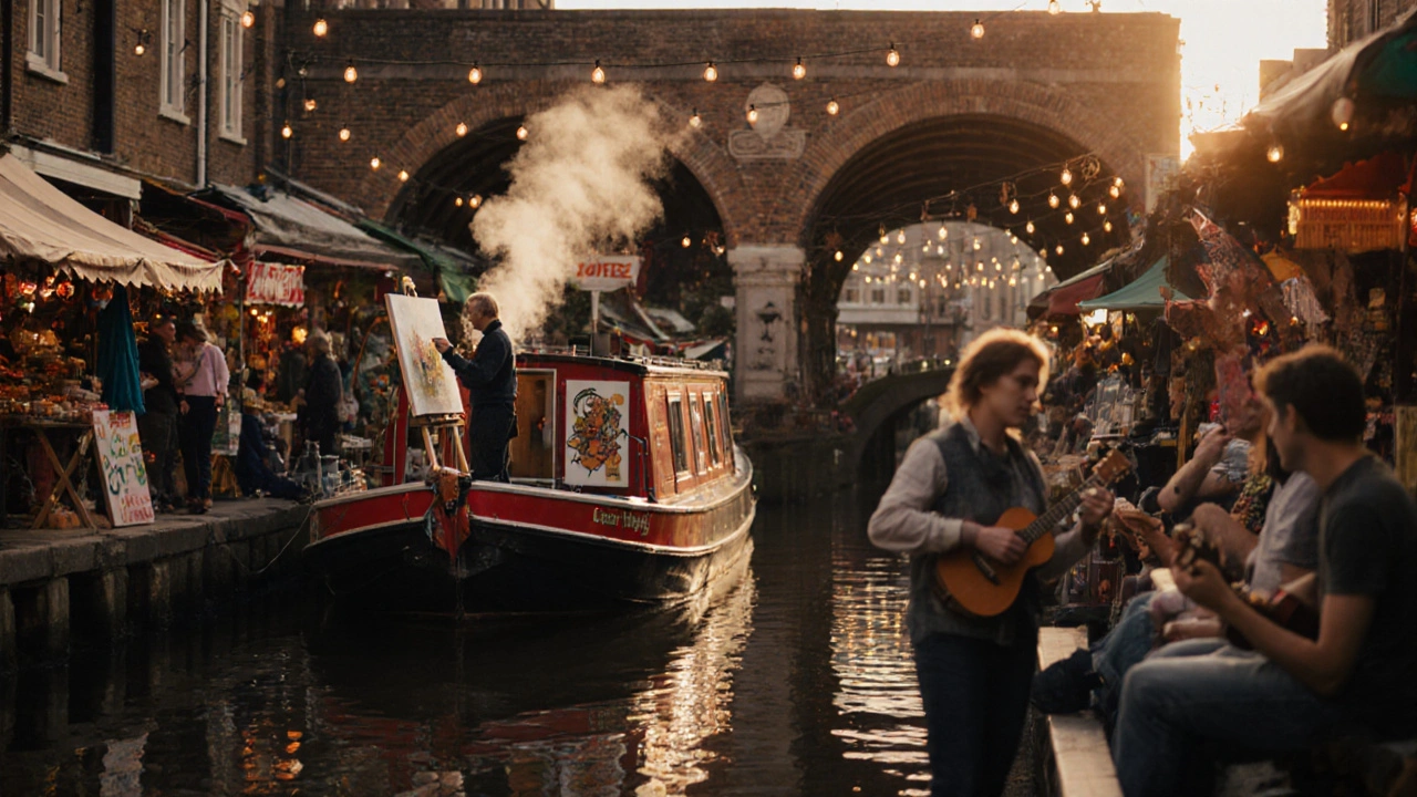 Camden Market at sunset, canal reflections, food stalls, and a street artist painting beside a houseboat.
