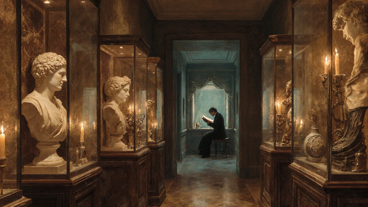 Candle‑lit hallway inside Sir John Soane&#039;s Museum displaying eclectic artifacts.
