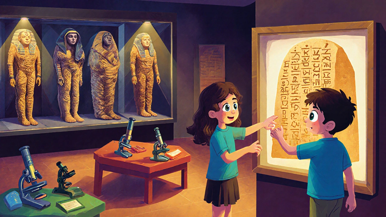 Children using interactive touchscreen at the Rosetta Stone and exploring an Egyptian mummy display.