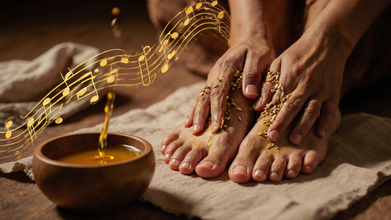 Close-up of hands massaging feet with golden herbal oil, wooden bowl and cloth nearby.
