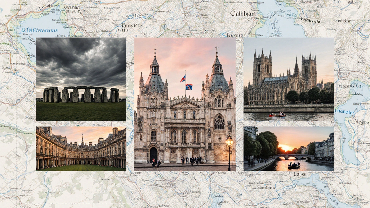Collage of Stonehenge, Bath, Windsor Castle, Canterbury Cathedral, and Oxford.
