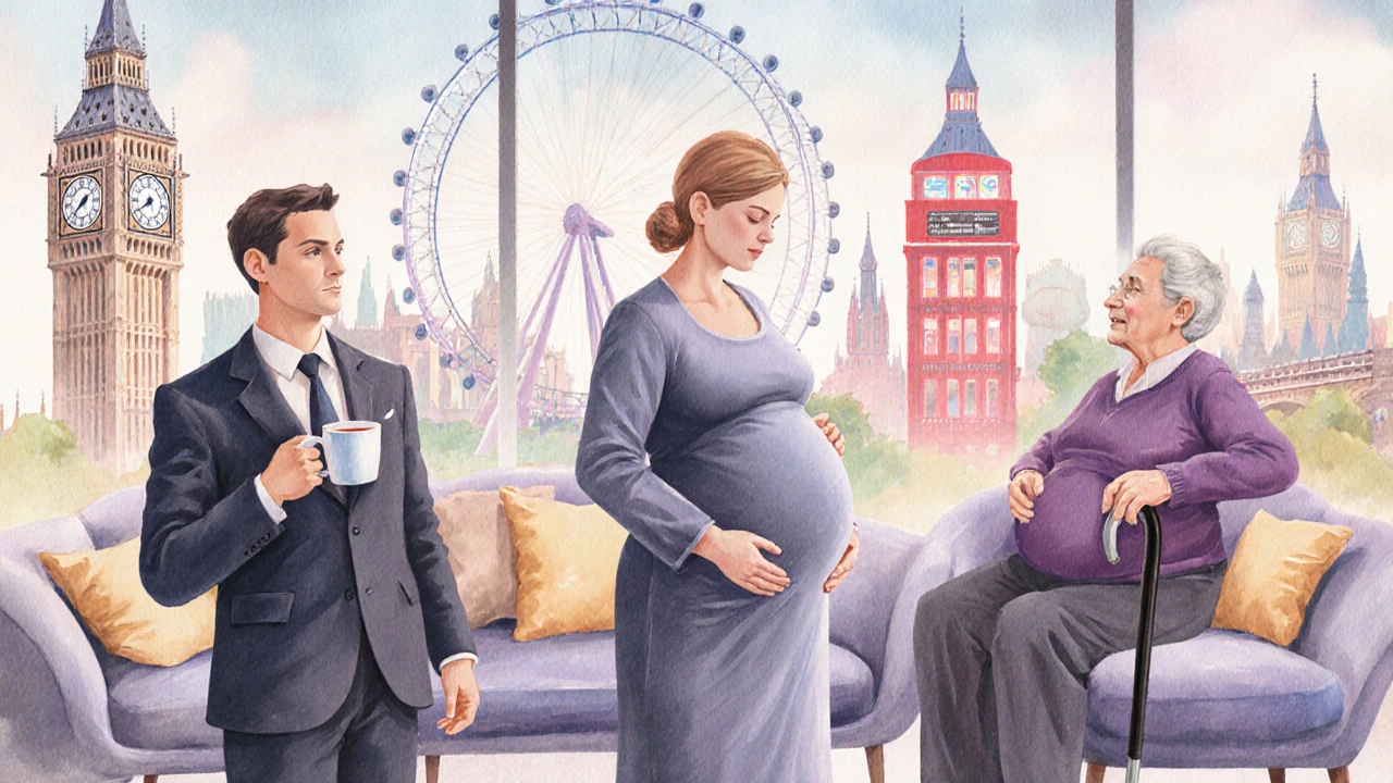 Colorful illustration of diverse London people relaxing with subtle city landmarks in background.