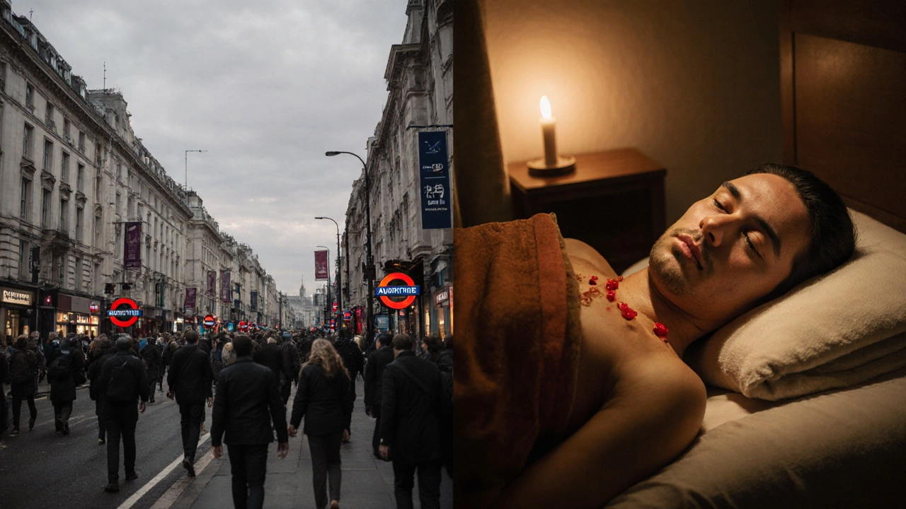 Contrast between chaotic London streets and peaceful Ayurvedic massage session indoors.