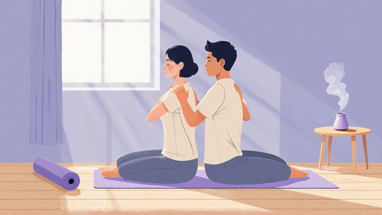 Couple performing a Thai stretch at home, with a lavender diffuser and sunlight.