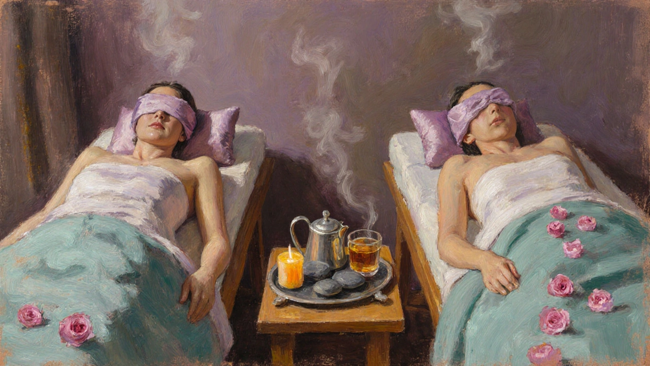 Couple side‑by‑side receiving massages in a boutique spa with silk eye pillows.