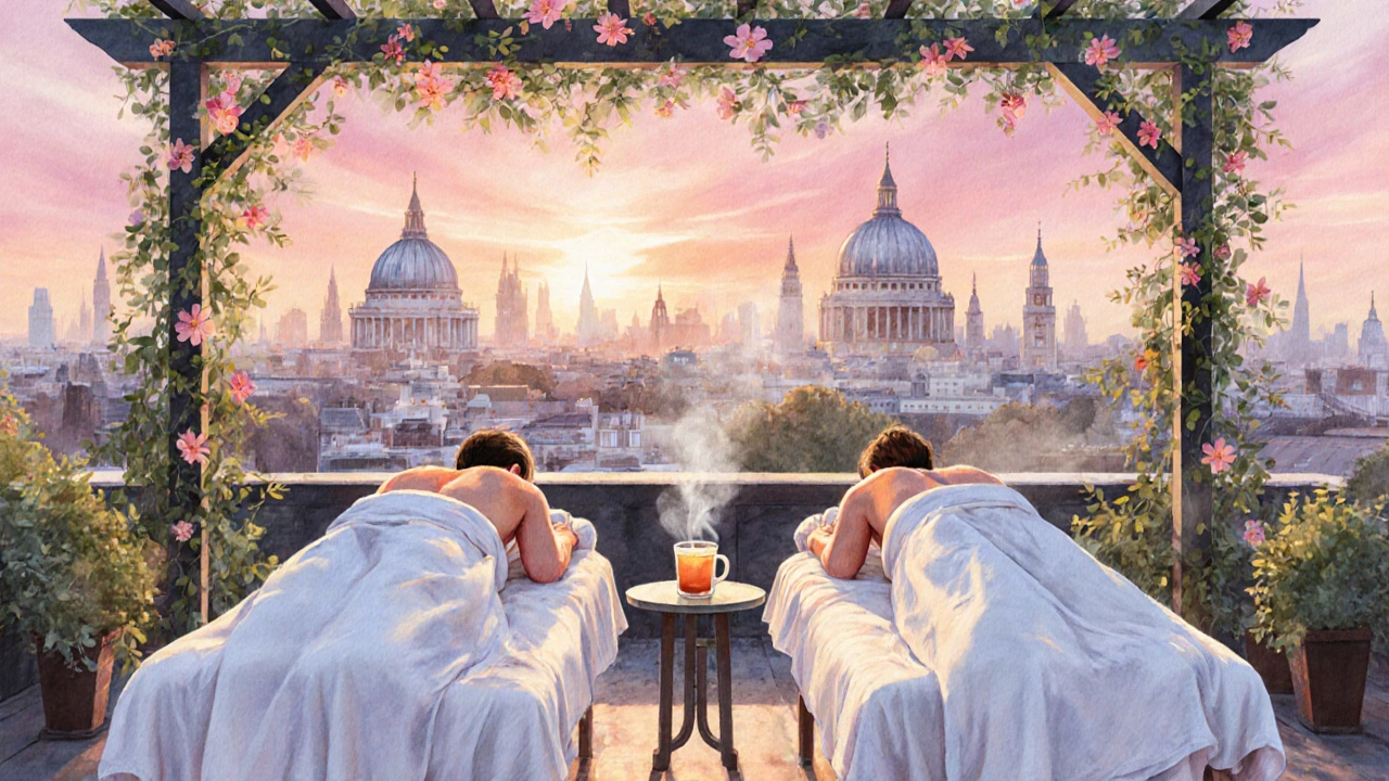 Couples&#039; rooftop massage at sunrise overlooking London skyline.