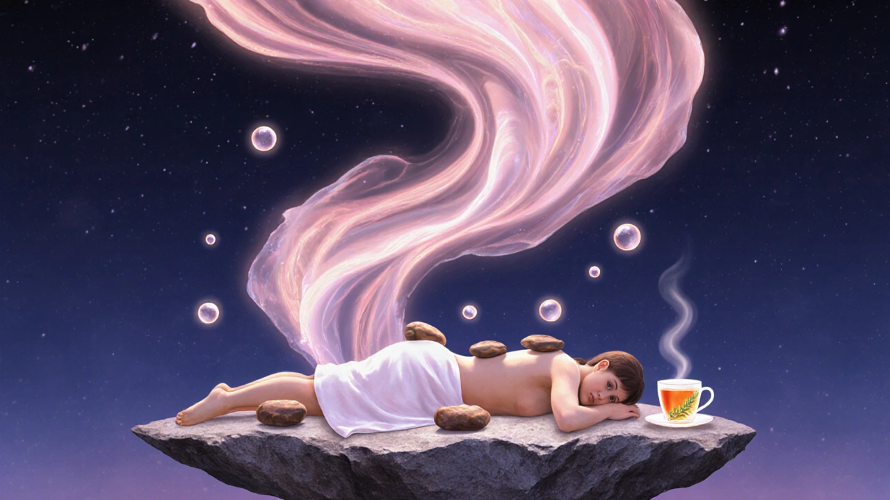 Dreamy illustration of a relaxed person surrounded by warm glowing stones and a sense of calm.