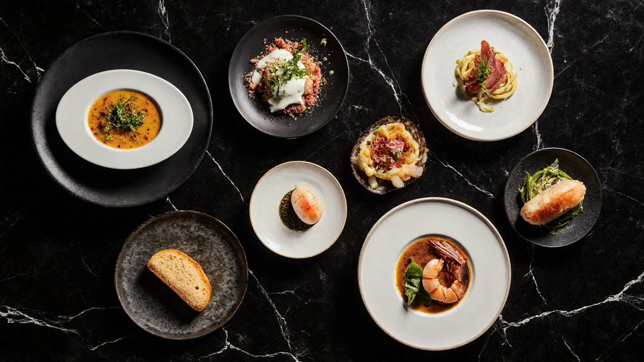 Eight beautifully plated signature dishes arranged on a marble surface.