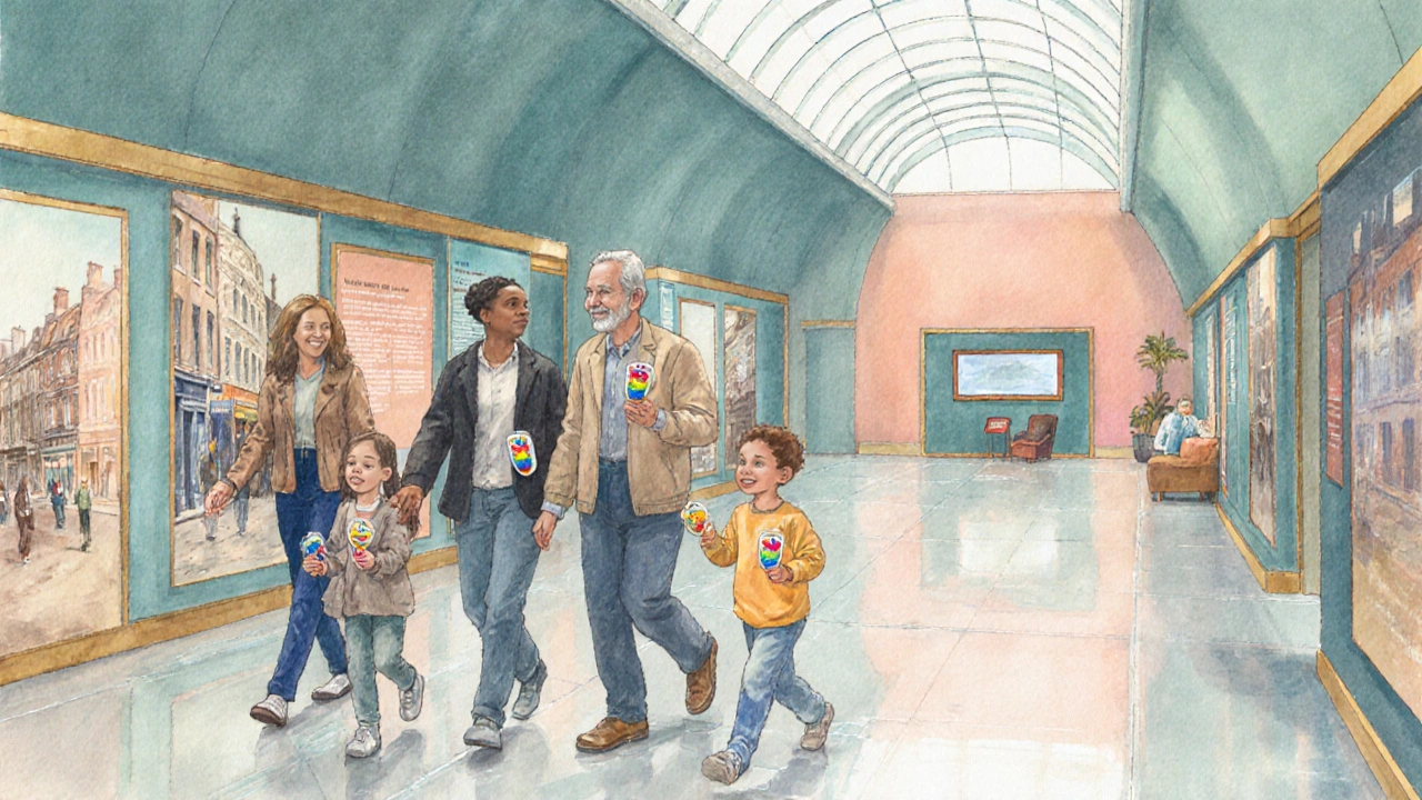 Family exploring the Museum of London kids&#039; trail with badge stickers.