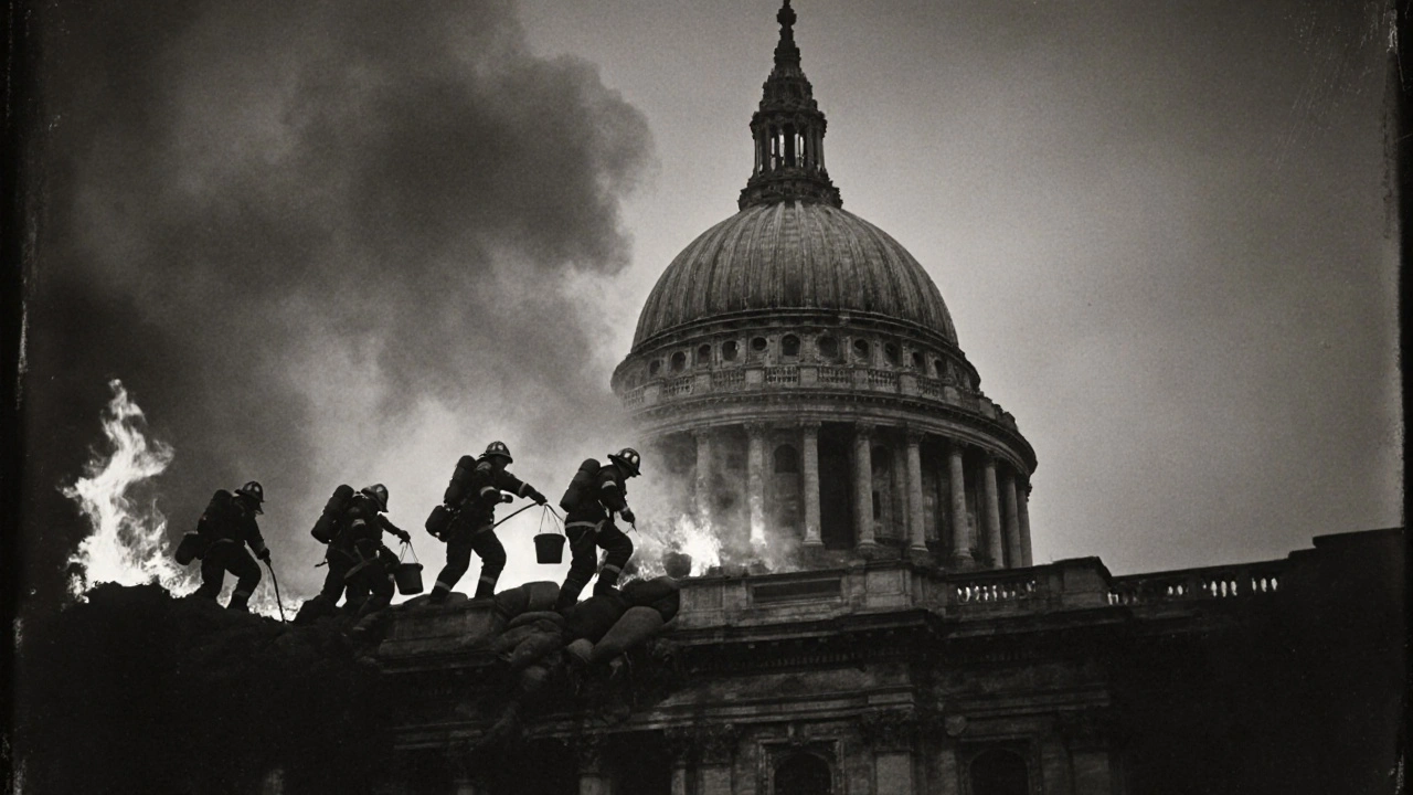 Firefighters battling flames on St. Paul&#039;s roof during the Blitz, dome standing strong.