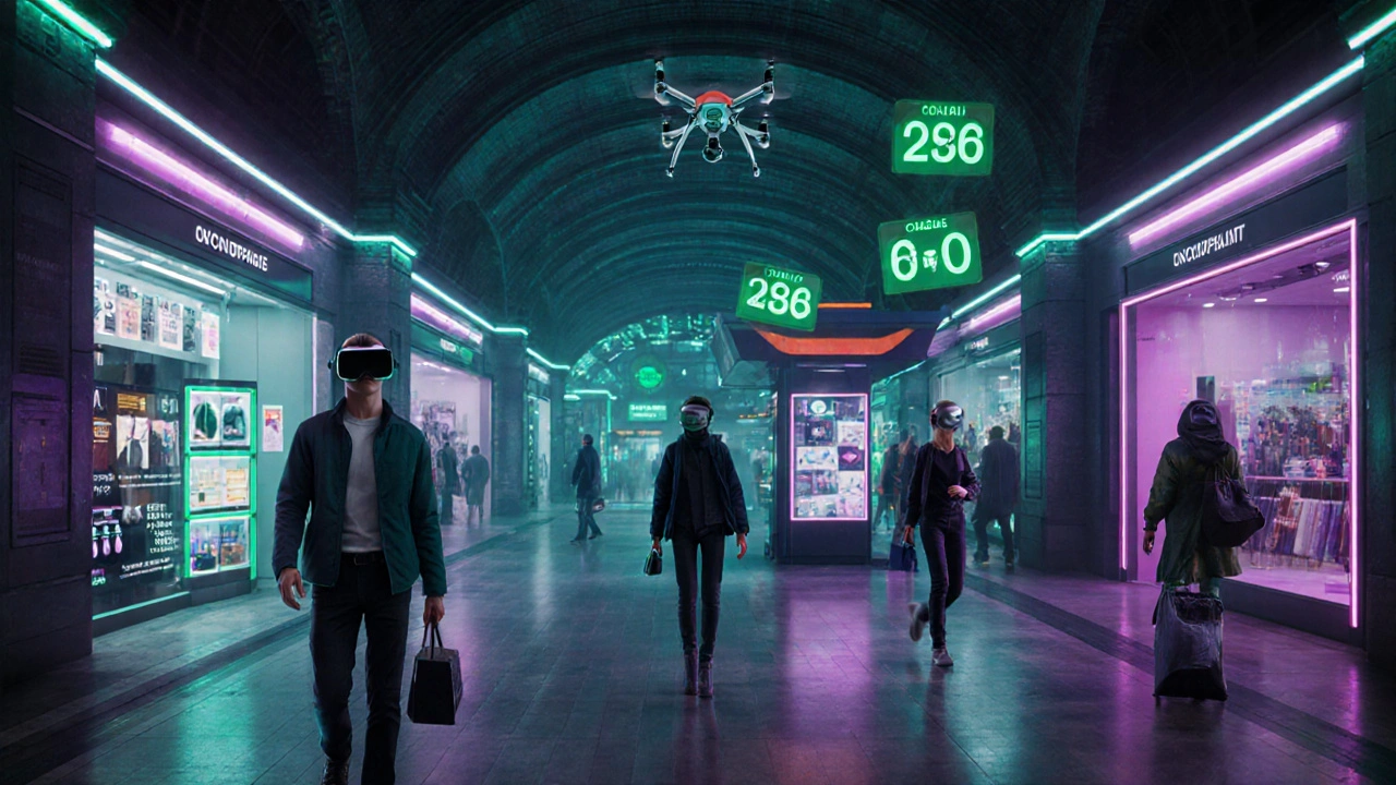 Futuristic tube station with shoppers in VR headsets, drone delivery, and holographic sustainability tags.