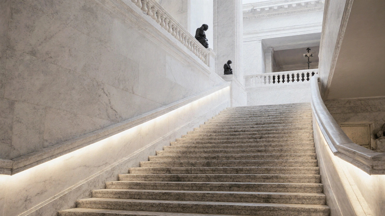 Grand Staircase featuring LED lighting and modern sculptures alongside historic marble.
