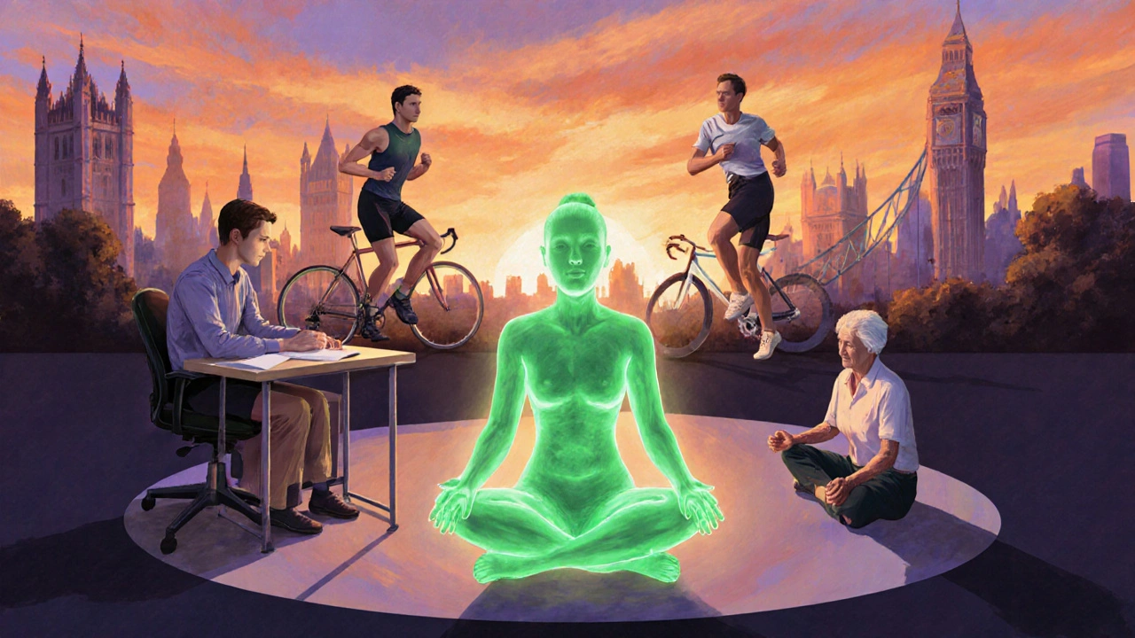 Group of athletes and a senior person radiating vitality after a sports massage, with London skyline background.