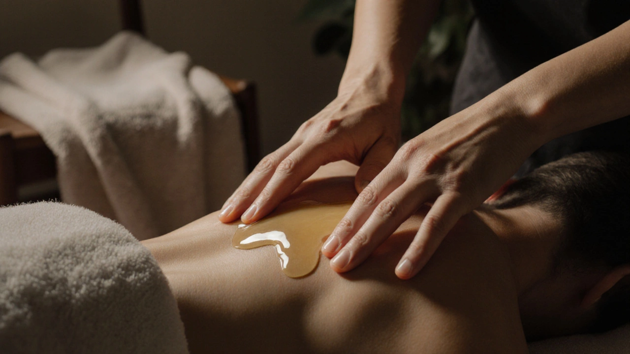 Hands gently massaging neck and shoulders with natural oil, soft focus background.