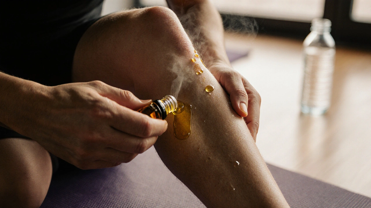 Hands massaging a runner&#039;s calf with aromatic oil, droplets glistening on skin.