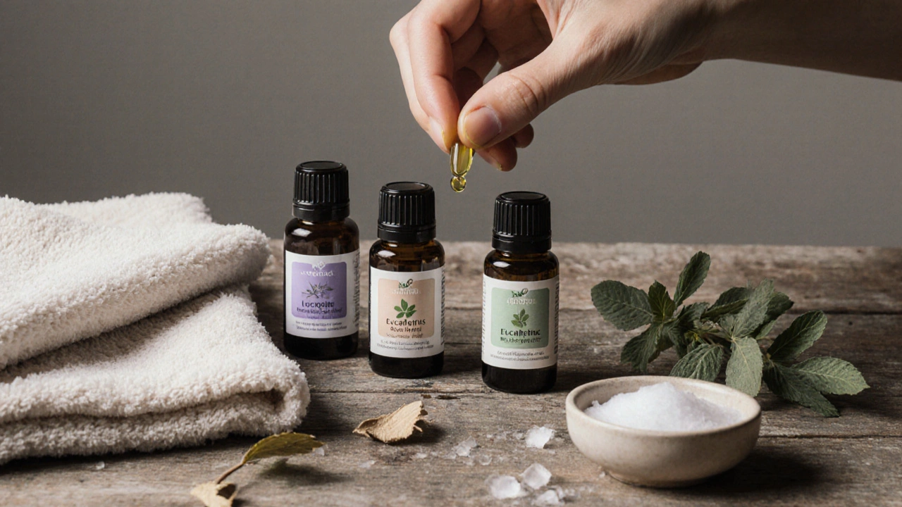 High-quality essential oil bottles arranged on wood with a falling oil drop and dried eucalyptus.