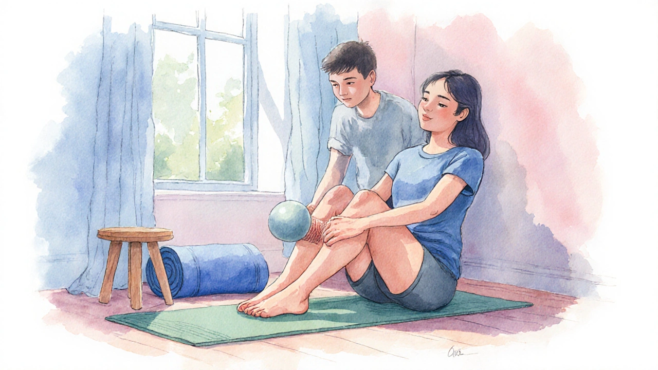 Home wellness corner showing a person stretching with a partner using a massage ball.