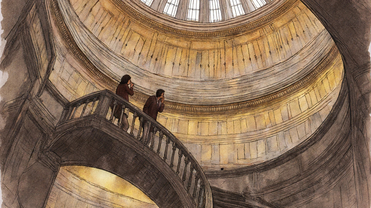Inside Whispering Gallery with visitors whispering across the curved stone dome.
