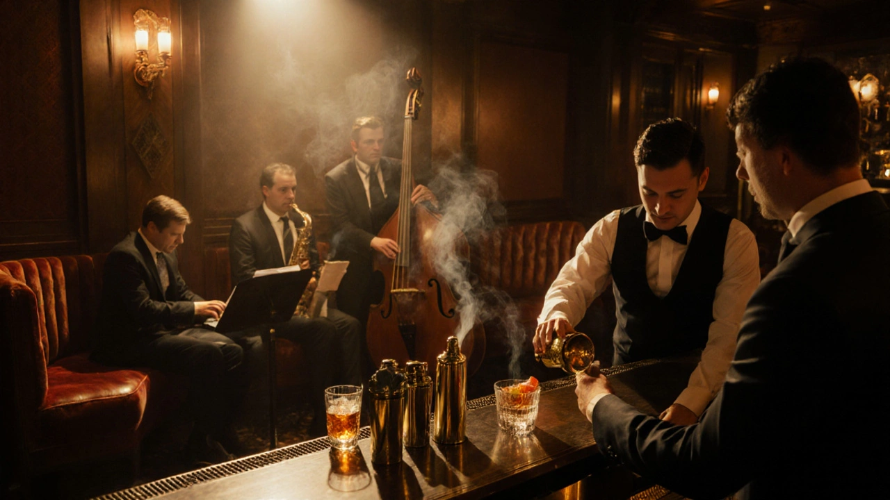 Intimate speakeasy interior with jazz quartet, amber lighting, and a bartender serving a smoked cocktail.