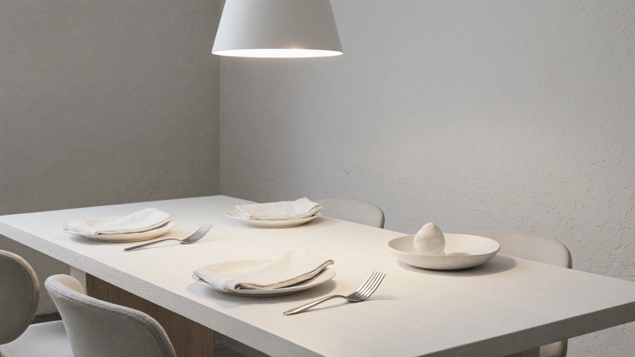 Minimalist dining room at Core by Clare Smyth with clean tables, linen napkins, and serene ambient lighting.