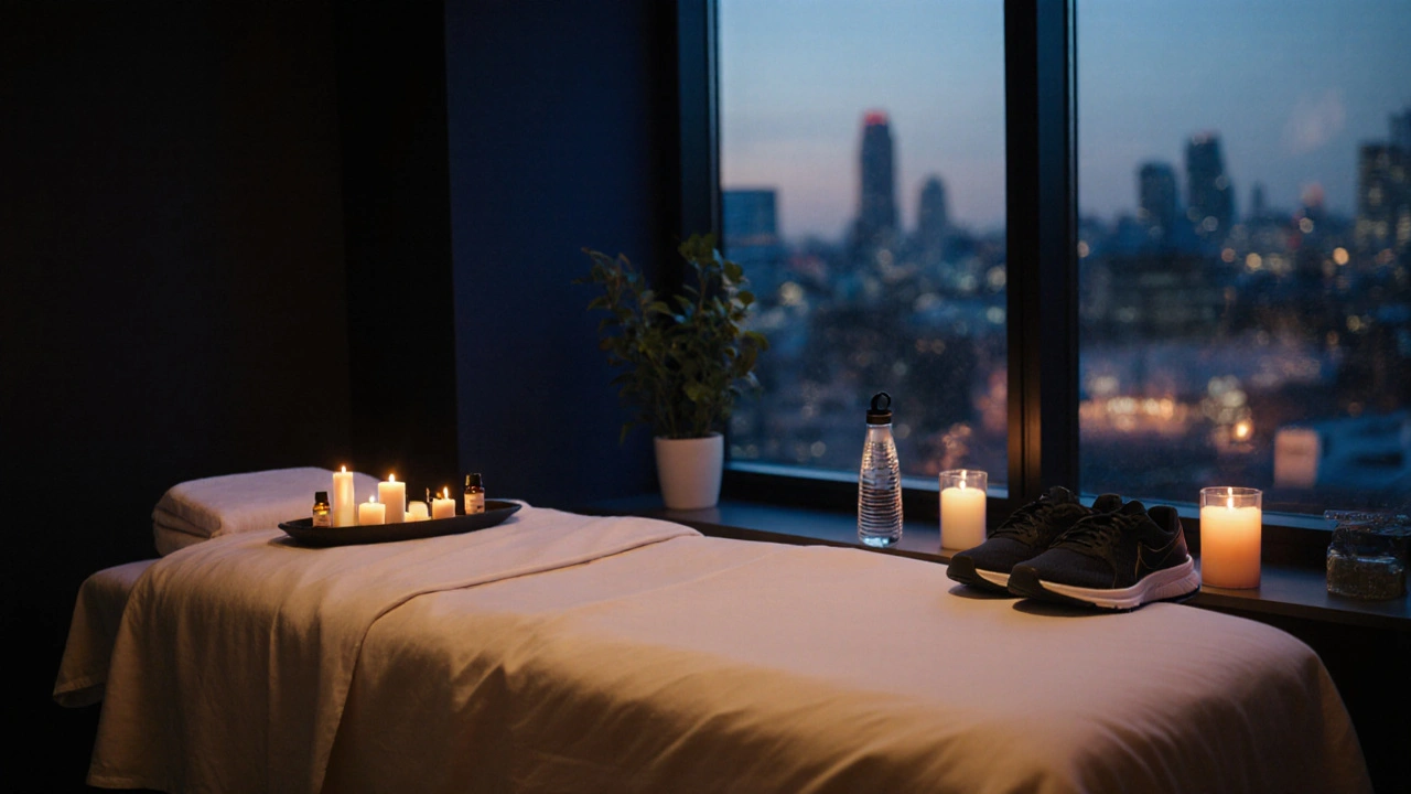 Modern London spa interior with candles, oils, and running shoes near a treatment table.
