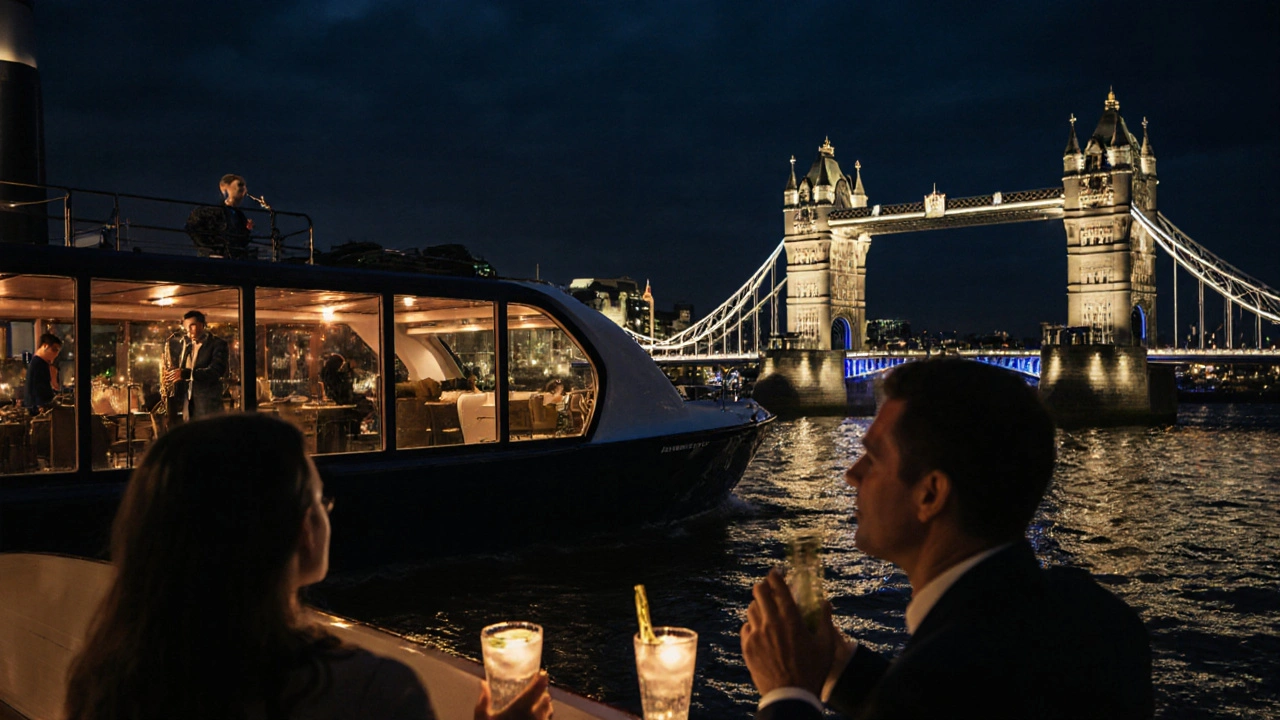 Nighttime Thames cruise with jazz musicians, lit boat, and illuminated London bridges.