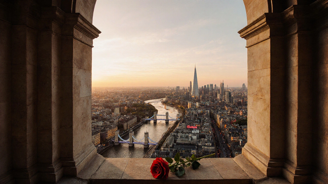 Panoramic view from St. Paul&#039;s Golden Gallery at sunset, London sprawling below with a red rose on the ledge.