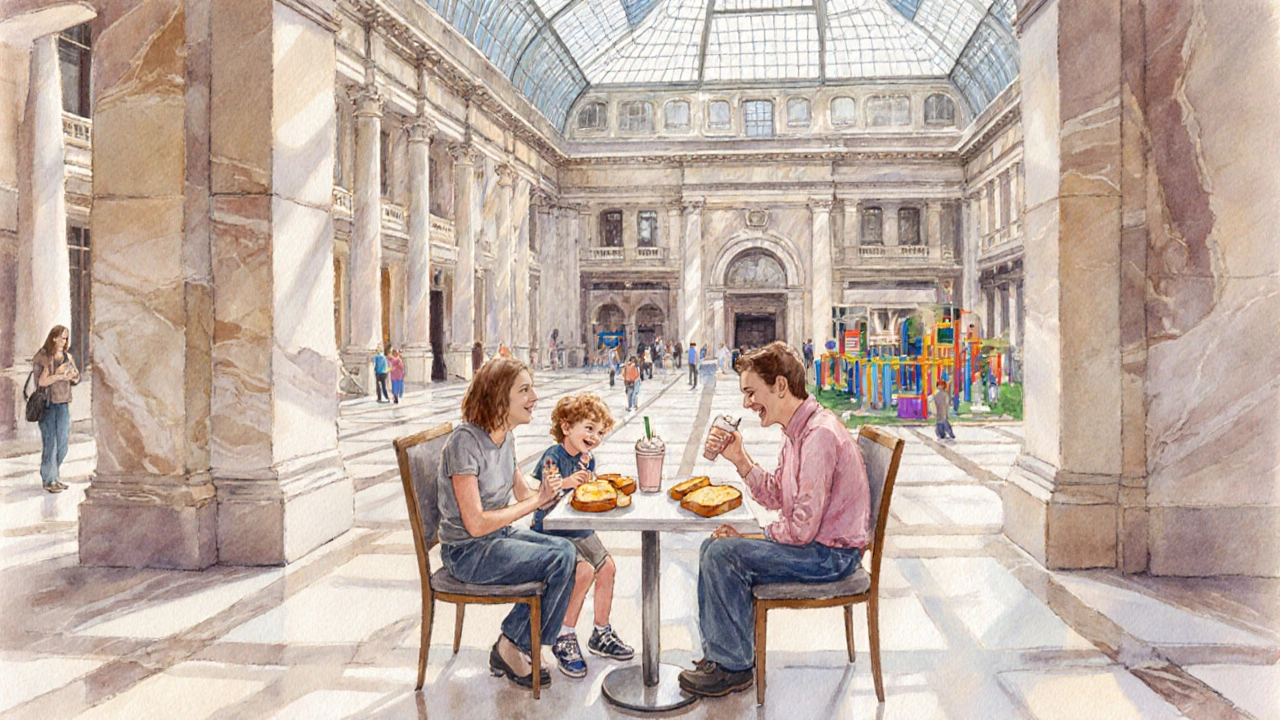 Parents and kids enjoying a snack at the Great Court cafe after museum touring.