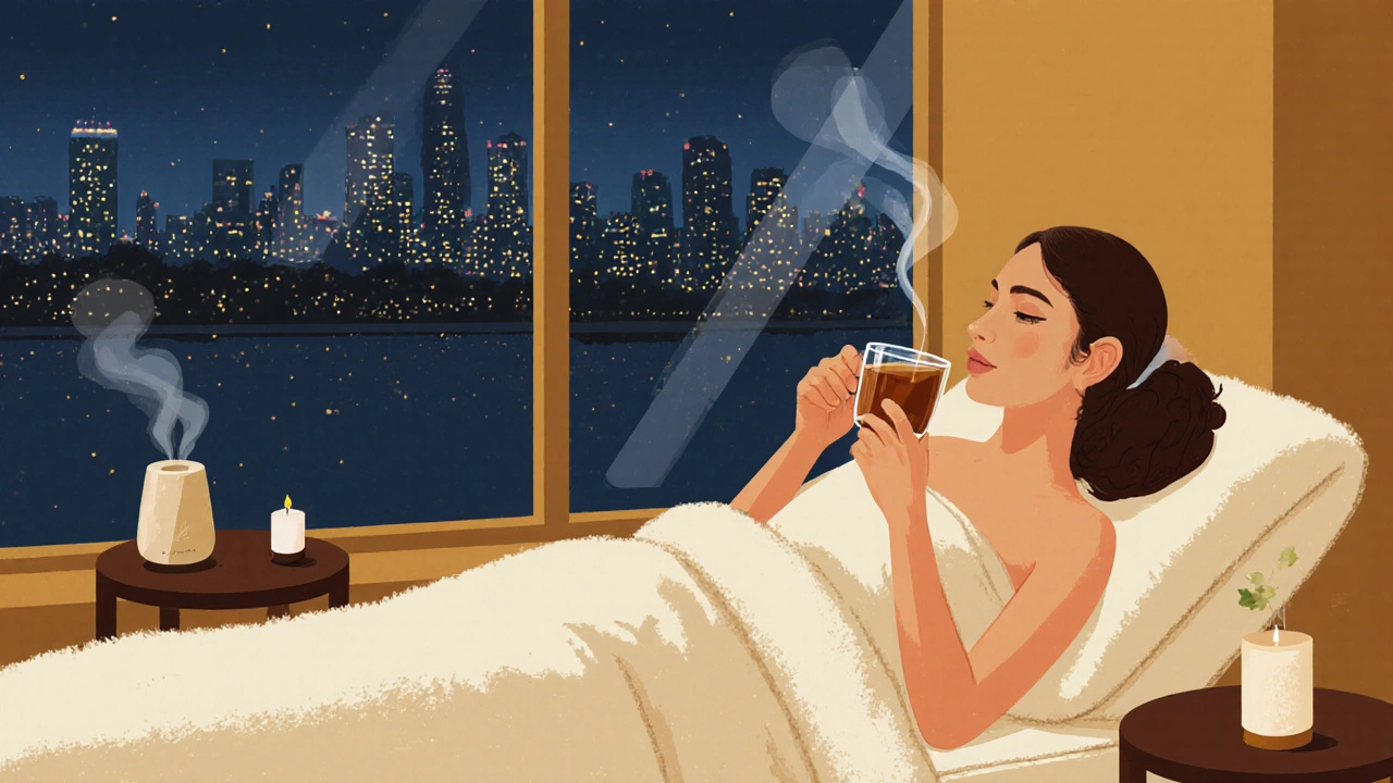 Relaxed client sipping tea in a lounge with London skyline view.
