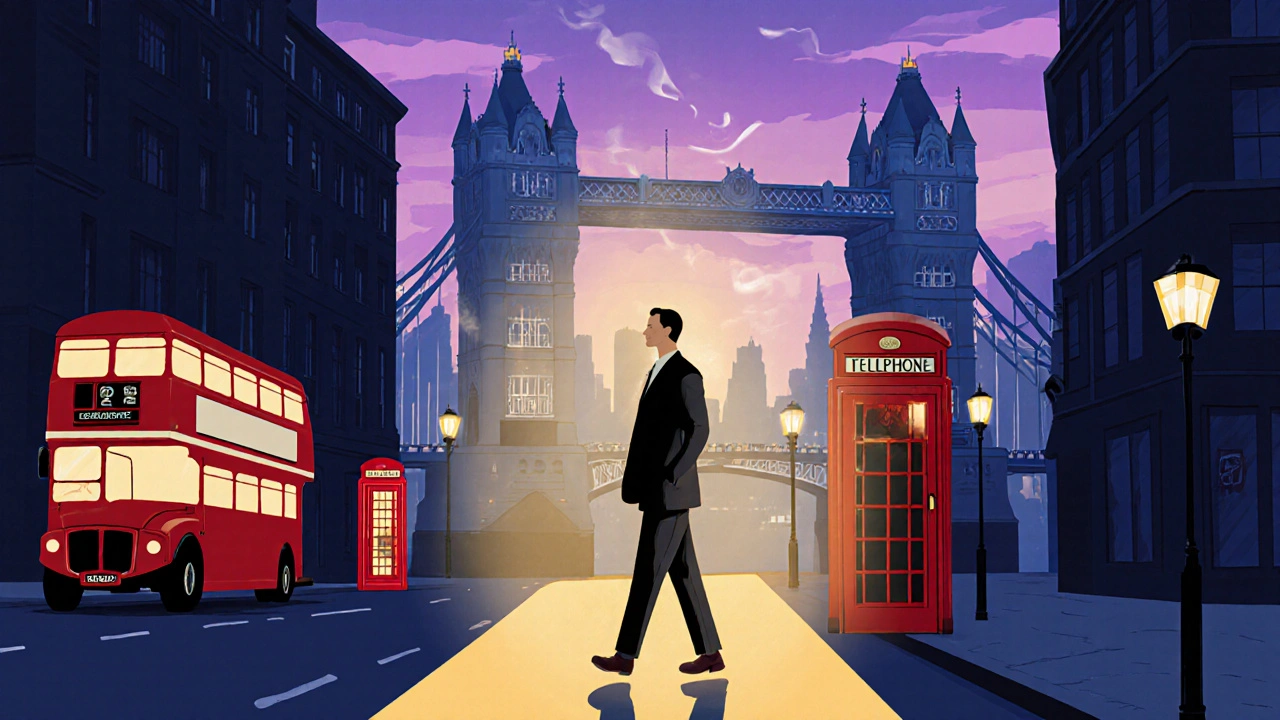 Relaxed person walks past London landmarks after a soothing massage session.