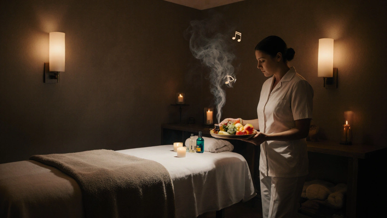 Relaxing spa interior with dim lighting, aromatherapy, and tea service ready.