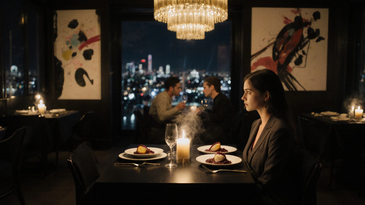 Romantic candlelit table in Sketch&#039;s Lecture Room with city lights outside.