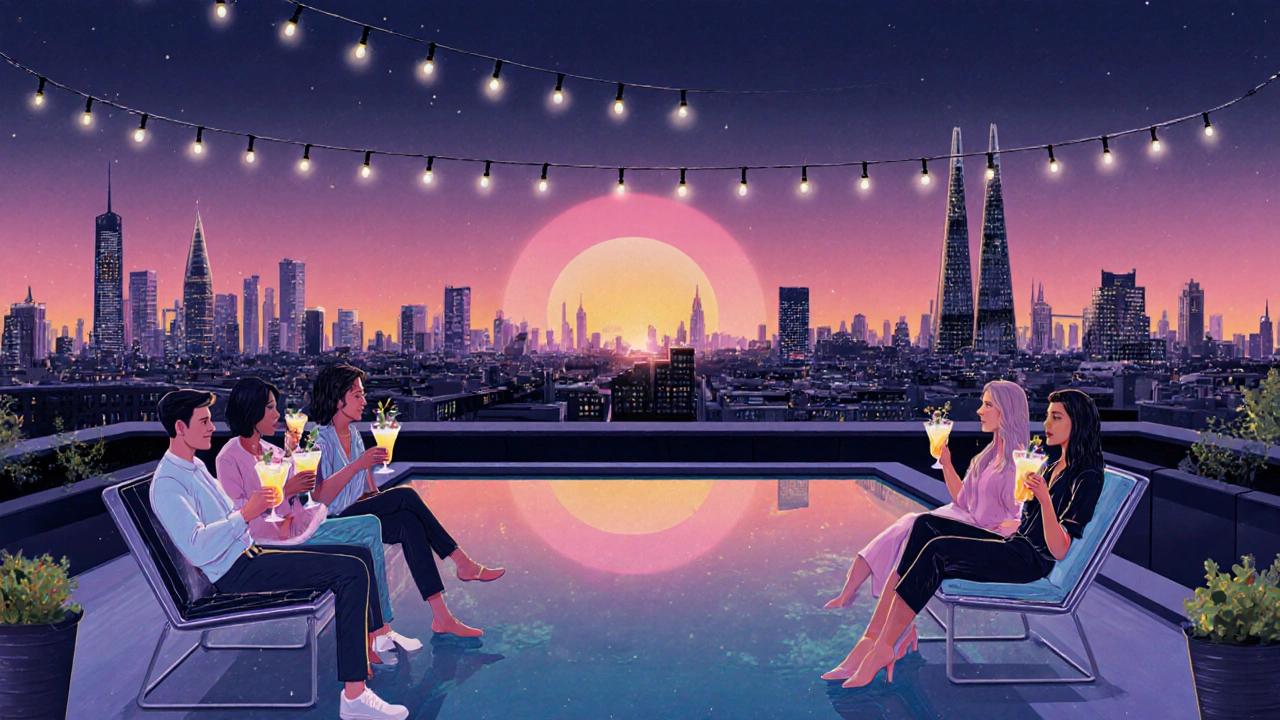 Rooftop terrace at dawn with panoramic London skyline, friends enjoying drinks, and sunrise colors.