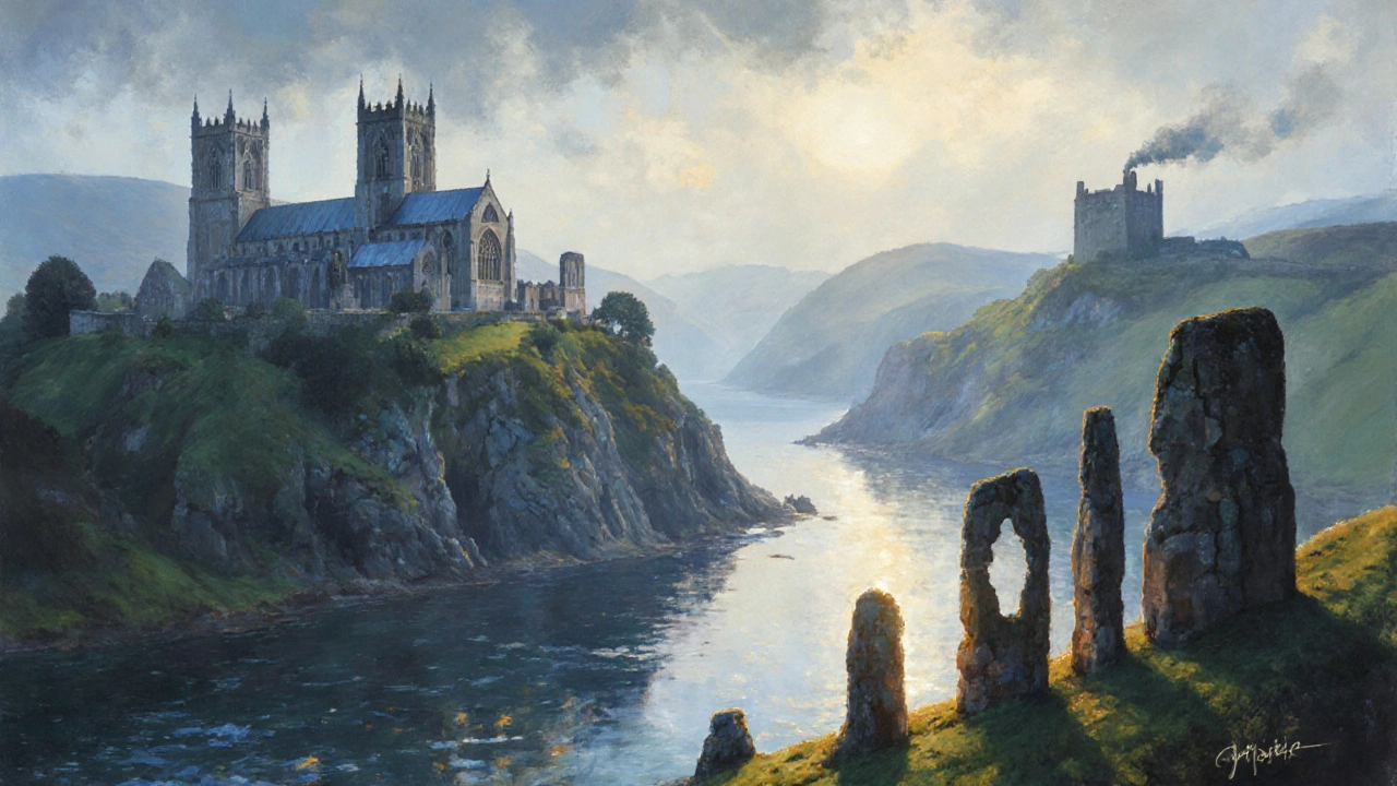 Scenic view of Durham Cathedral, Whitby Abbey, Lake District, Giant&#039;s Causeway, and Edinburgh Castle.