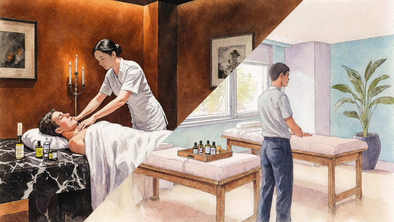 Side‑by‑side view of a luxury spa suite and an affordable massage studio with a client receiving treatment.