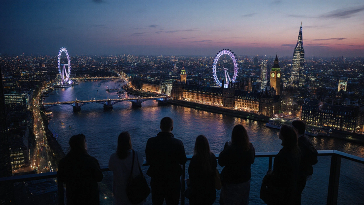 Small group on The Shard skydeck watching illuminated city at night.