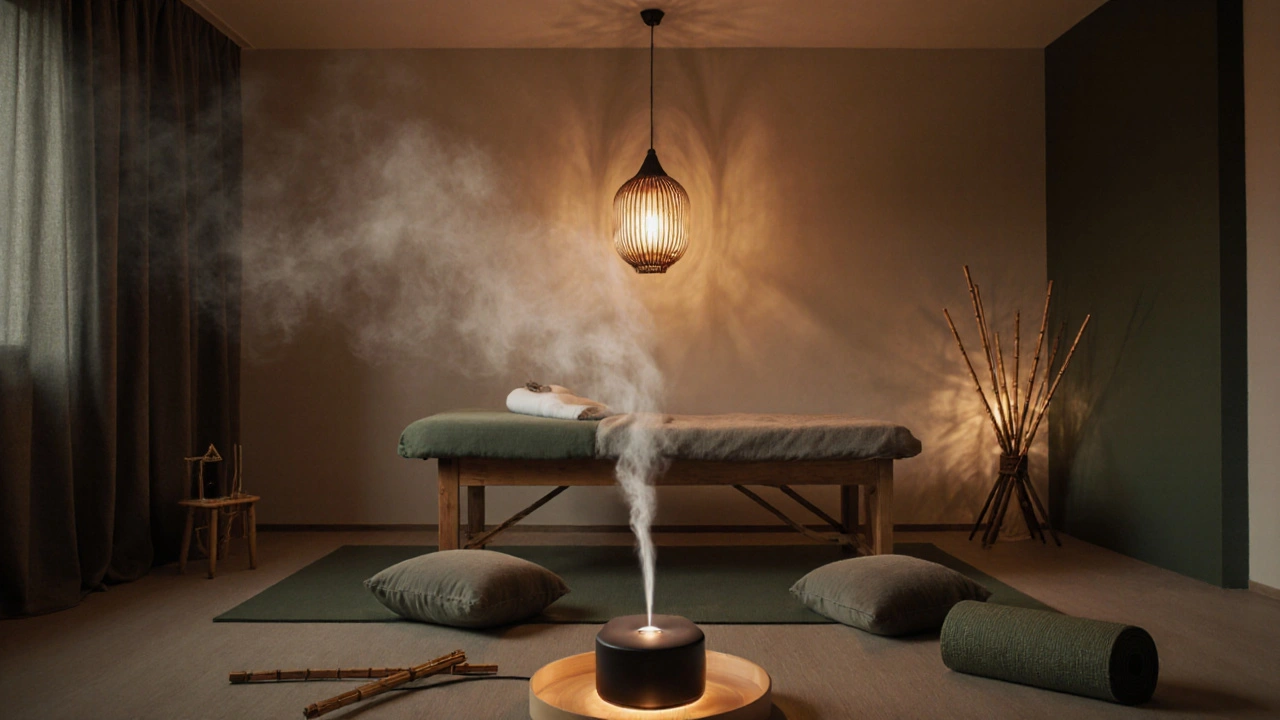 Thai massage studio with dim lamplight, diffuser releasing peppermint mist, and traditional props.