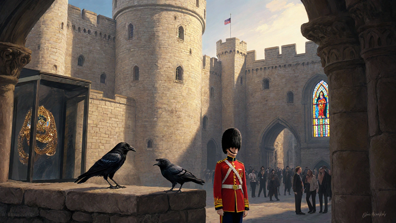 The Tower of London’s White Tower with Crown Jewels glowing, a Yeoman Warder beside a raven under morning light.