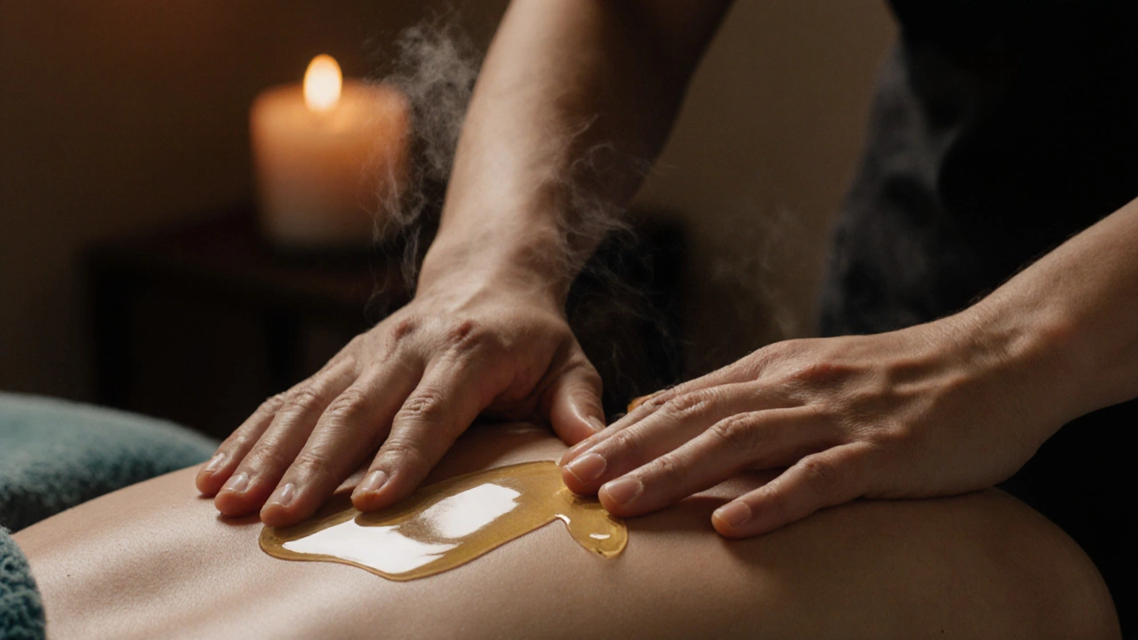 Therapist&#039;s hands applying lavender oil to a relaxed back in dim, candlelit setting.