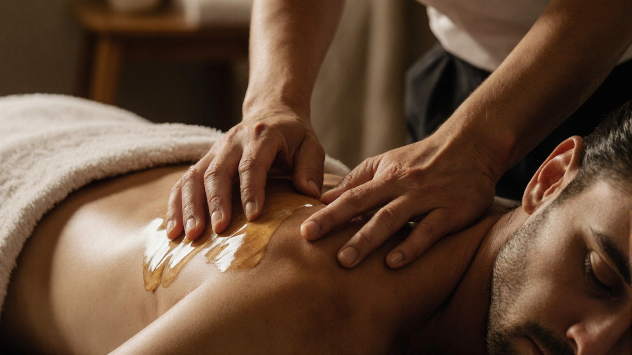 Therapist&#039;s hands working on a client&#039;s shoulder with warm light and blurred surroundings.