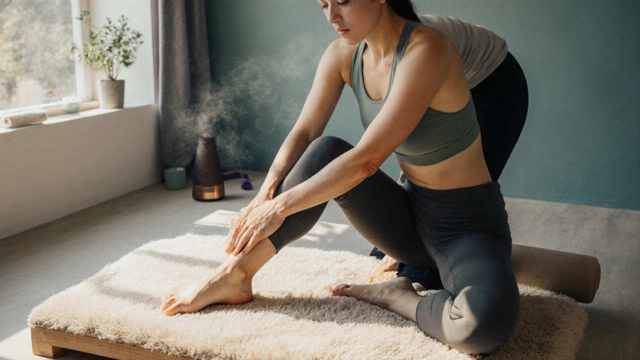 Therapist applies pressure while guiding a client into a seated forward fold in a modern studio.
