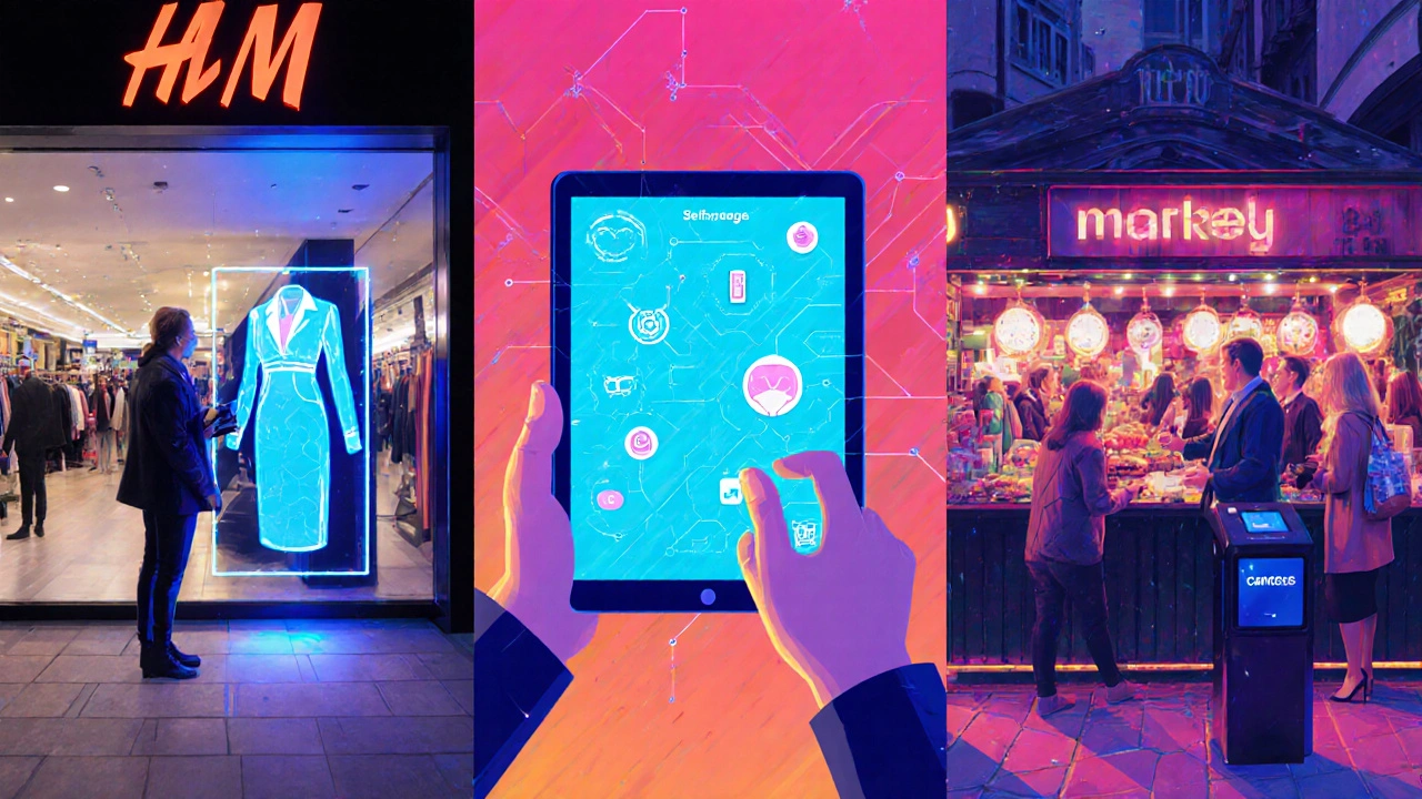 Three tech retail experiences: AR fitting mirror, AI style assistant, and contactless payment at a market stall.