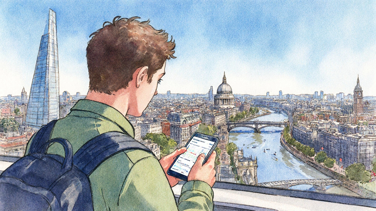 Traveler on Sky Garden rooftop looking over London skyline.