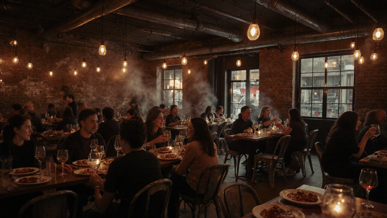 Vibrant interior of Polpo restaurant with string lights, shared plates, and lively patrons in a converted warehouse.