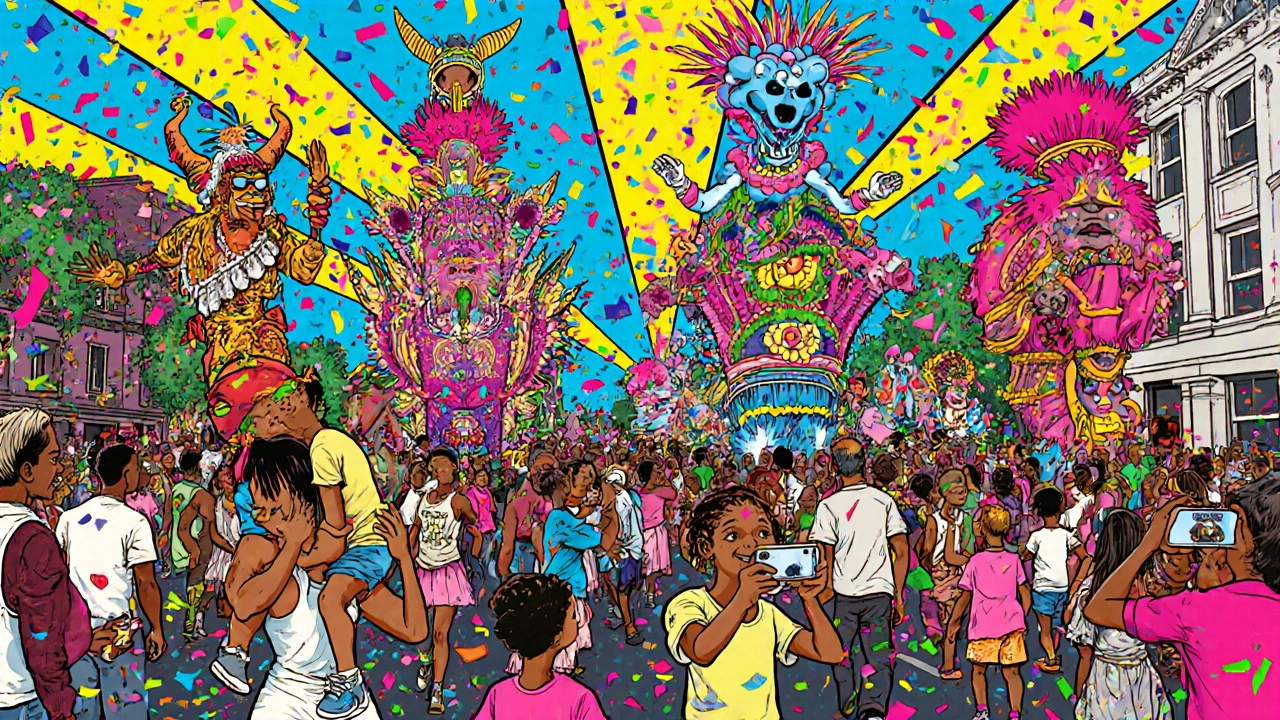 Vibrant Notting Hill Carnival parade with families enjoying the festivities.