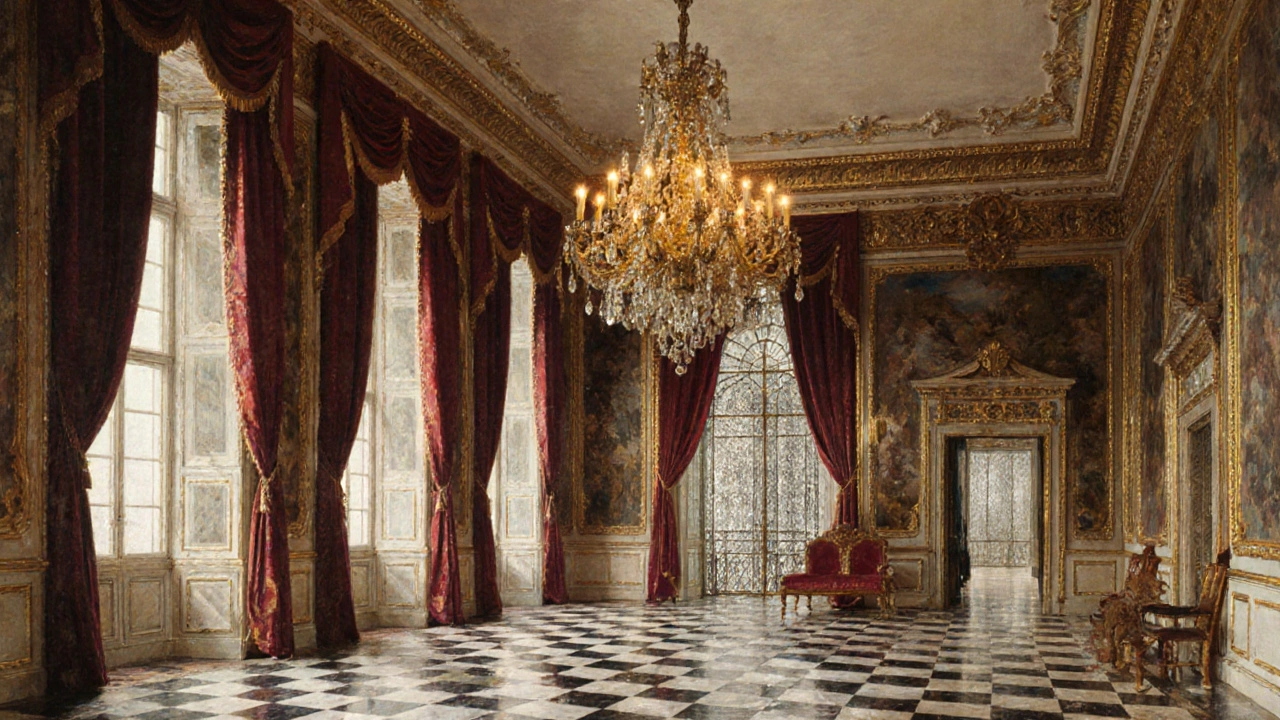 Victorian Throne Room with gilded mouldings, marble floor, chandelier, and crimson drapery.