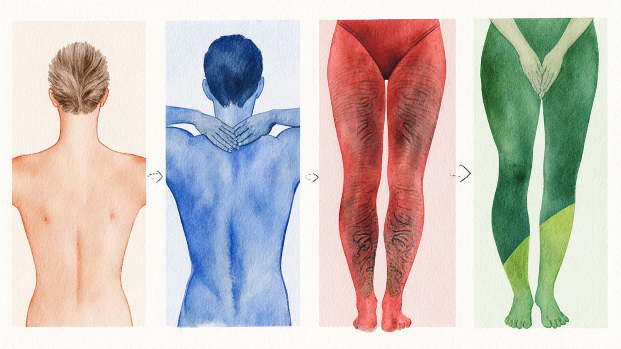 Watercolor panels showing massage steps from head to feet.